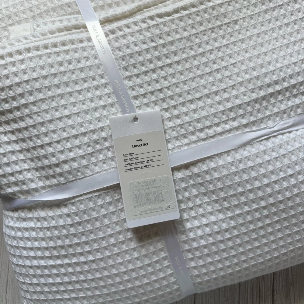 New BOLL AND BRANCH White Dobby Stripe Waffle Duvet Set Size Full/Queen